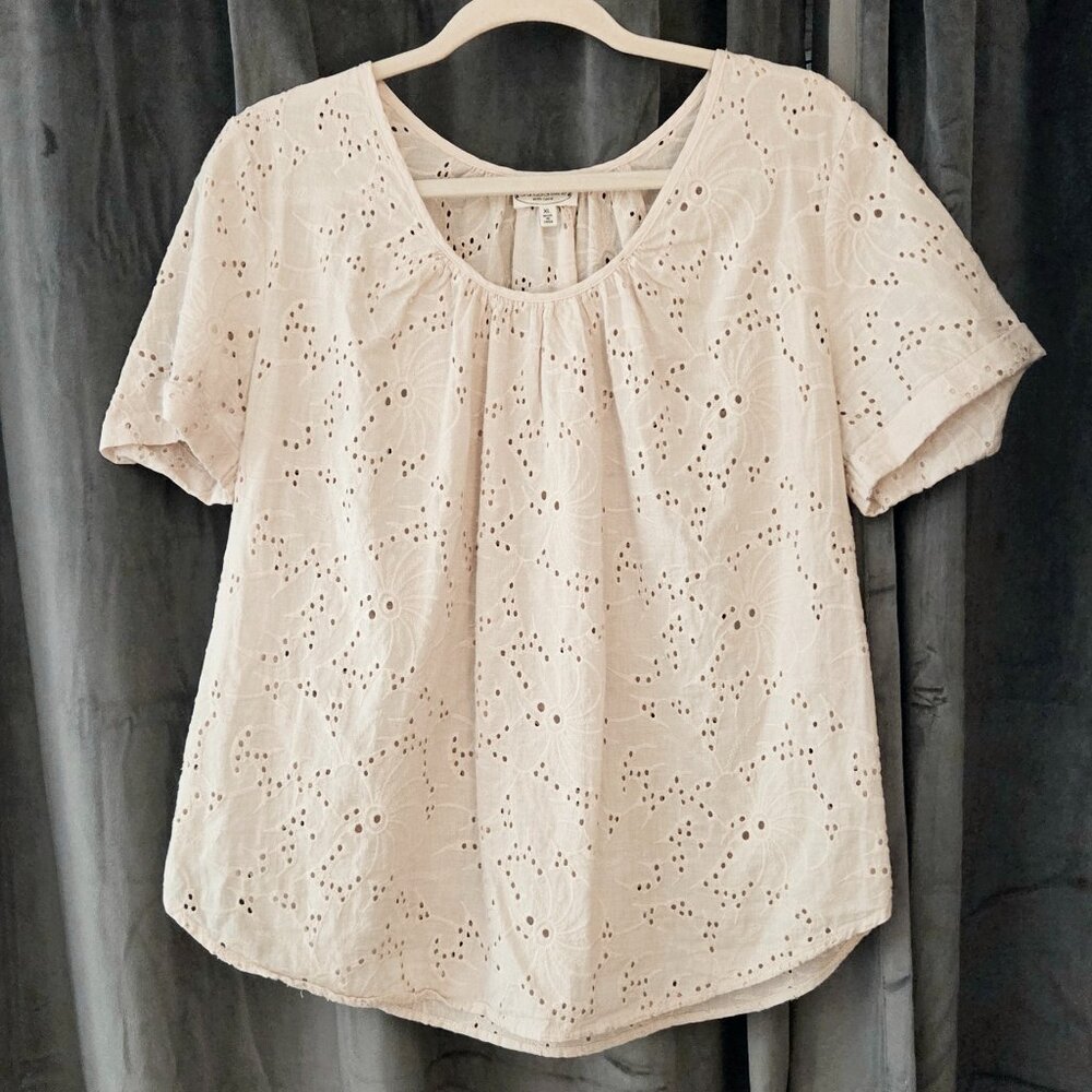 Grand & Greene Cream Eyelet Cotton Blouse Peasant Sz XL